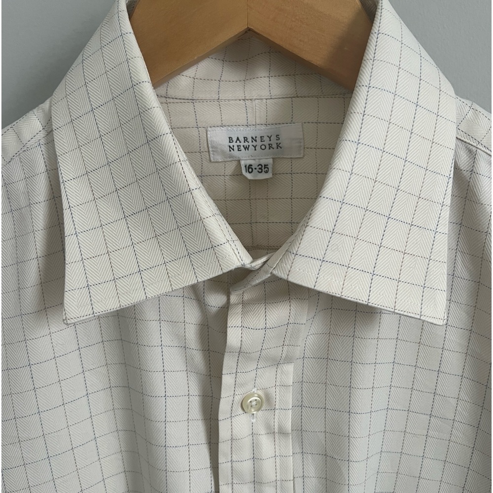 BARNEYS NEW YORK cotton twill button-down in blue and brown windowpane check